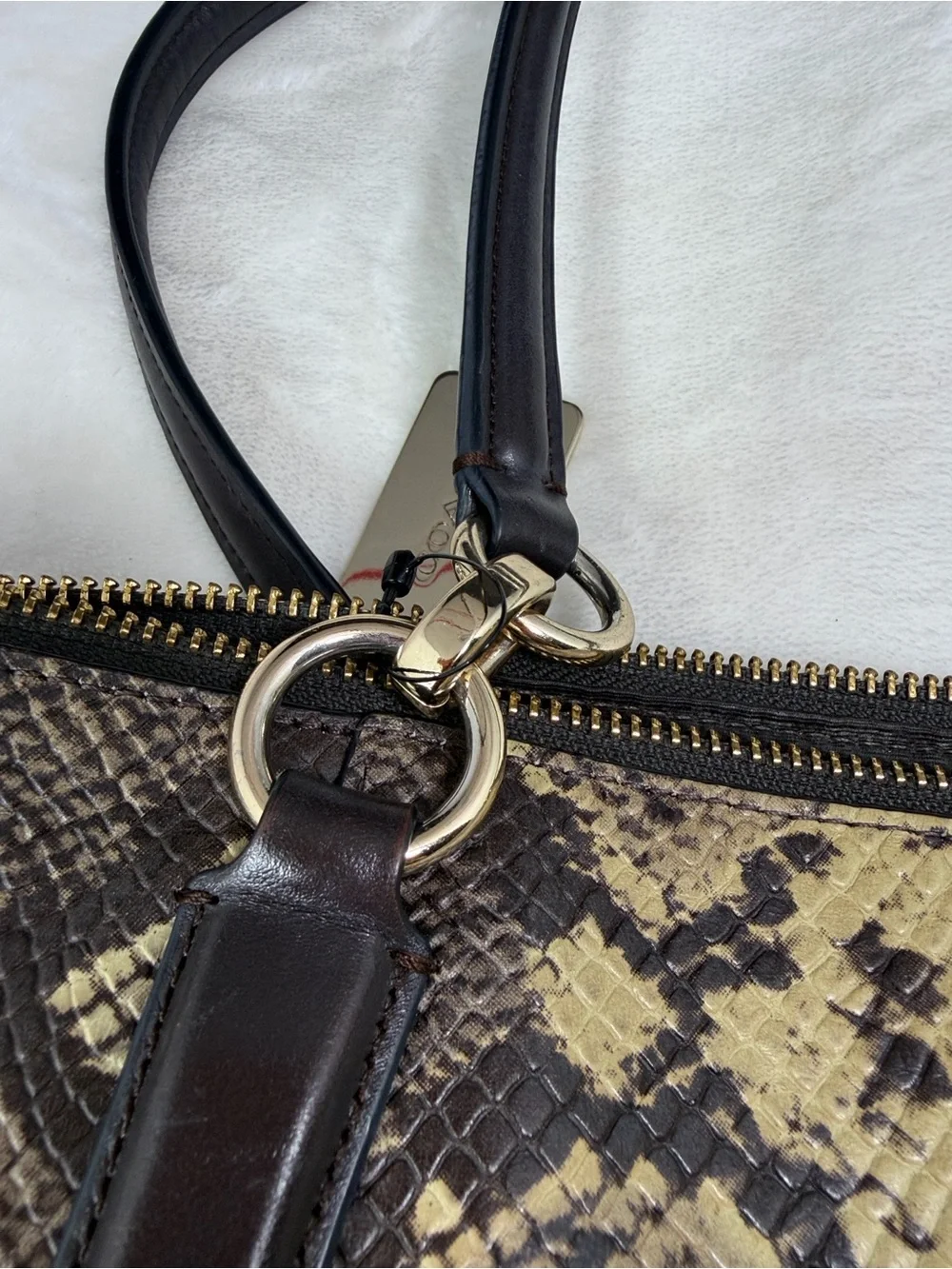 Coach Snake Print Satchel Handbag Brown Tan Leather Trim Gold Hardware